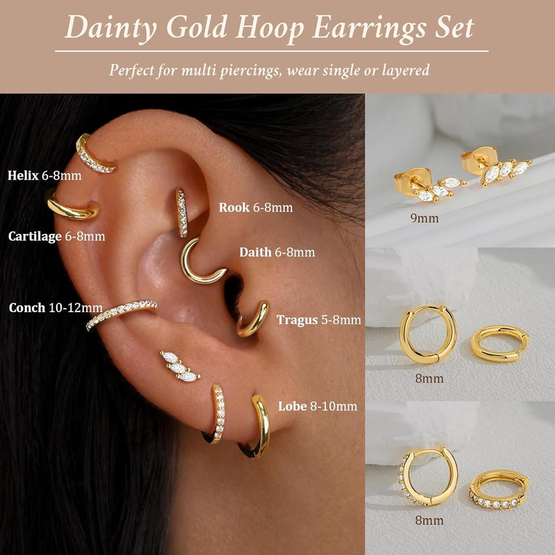 Poxtex Small Sterling Silver Huggie Hoop Earrings Set for Women, Hypoallergenic 14K Gold Plated Hoops Stacks for Multiple Piercings, Dainty Cute Mini Lightweight Cartilage Studs Trendy Jewelry Gift - Image 4